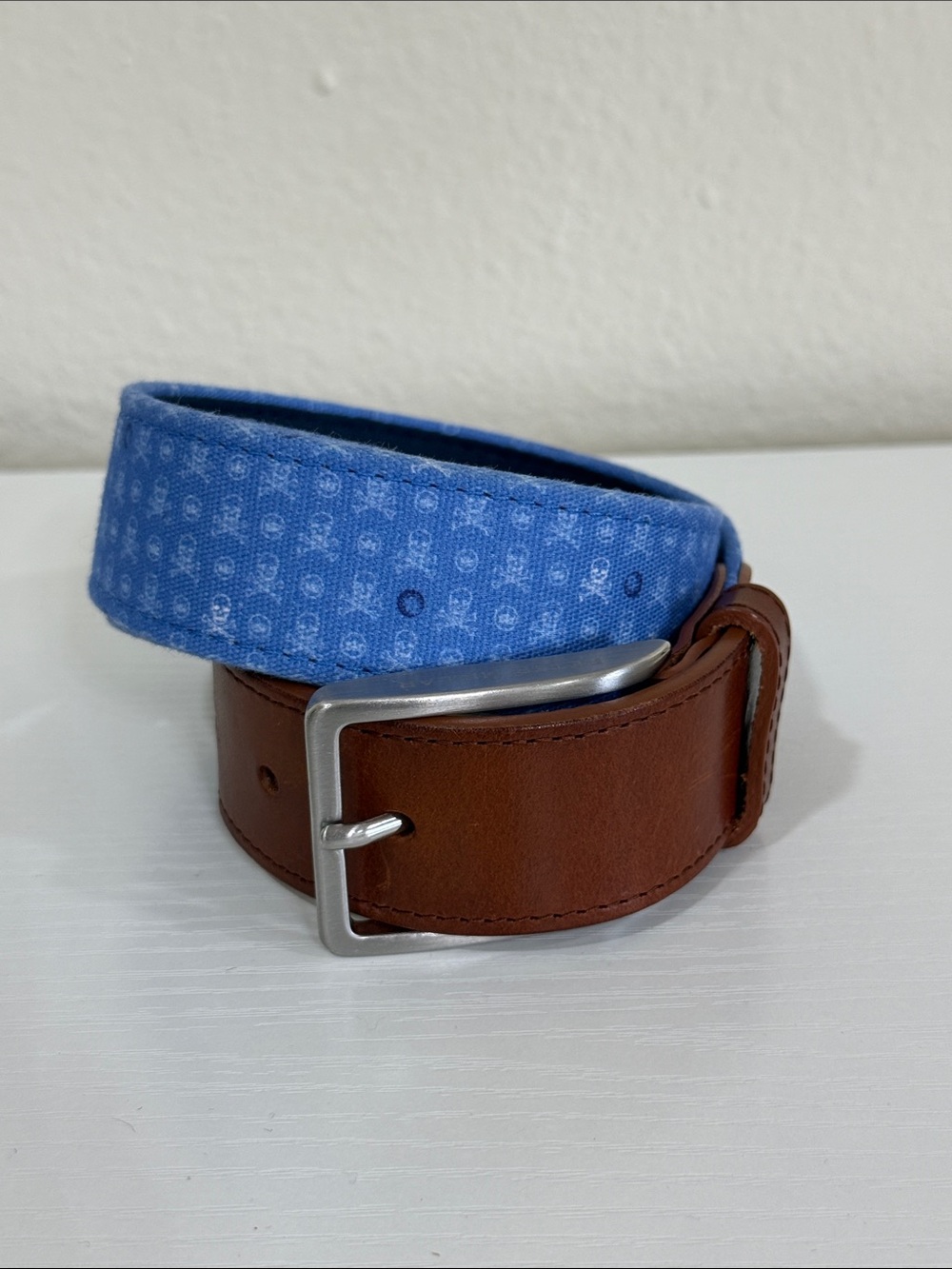 Peter Millar Men's Golf Belt Skull In One Bonnet Blue Genuine Leather RARE